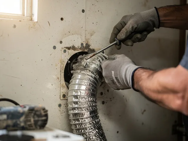 East Cleveland Dryer Vent Cleaning technician performing precise dryer vent hose installation in East Cleveland